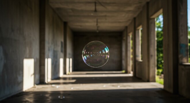 Dreamy iridescent soap bubble floating through an abandoned building, evoking fragile hope - Powered by Adobe