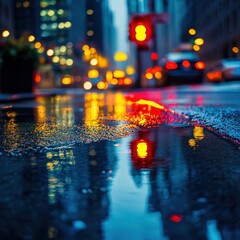 Rain-soaked city street at night, bursting with vibrant colors as neon lights from cars and buildings reflect beautifully in puddles on the asphalt