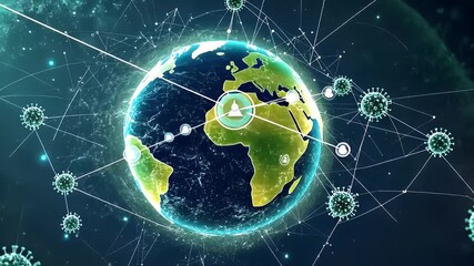 Animated Globe with Connected Network and Virus Particle Visualization in Blue and Green Tones - Powered by Adobe