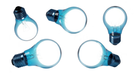 Blue lightbulbs illuminated scattered across a white surface showcasing ideas innovation and creativity