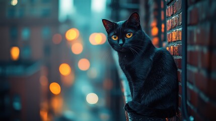 A sleek black cat with piercing yellow eyes sits on a balcony rail, gazing intently into the camera amid an atmospheric, moody cityscape with glowing lights