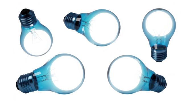 Blue lightbulbs illuminated scattered across a white surface showcasing ideas innovation and creativity