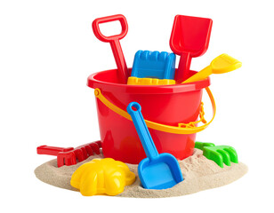 Children's beach toys isolated on white, top view