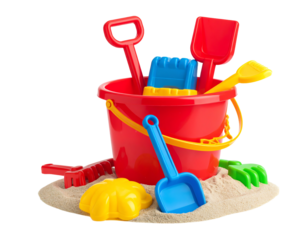 Children's beach toys isolated on white, top view