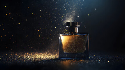 The Essence of Luxury: Captivating close-up of an elegant perfume bottle, its amber liquid gleaming against a backdrop of shimmering glitter and soft, atmospheric lighting.