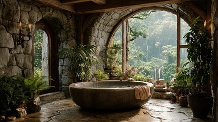 Rustic stone bathroom with forest view