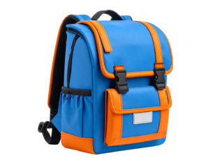 Photo of a children’s eraser shaped like blue and orange school backpack, ideal for the primary or elementary school use, isolated on a white background.