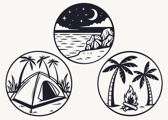 Icon Set Inspired by Beach Camping with Tents, Campfire, Palm Trees, Ocean, Moon, and Stars