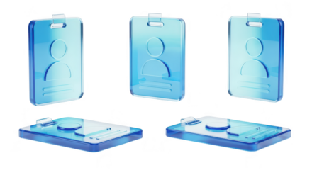 Transparent ID badges in various angles on white background showcasing identity for security or employee access with clean minimalist presentation