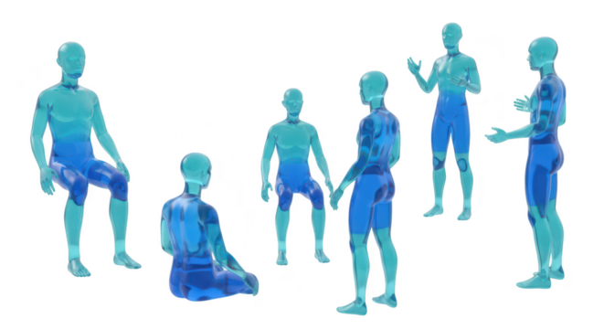 Transparent blue figures are interacting posed against a white backdrop for concept visualization or futuristic design showing poses and dialogue