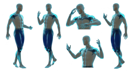 Transparent anatomy human models in various poses on white showcasing skeletal structure & muscular system for medical education or scientific illustration