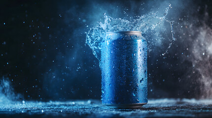 Icy Refreshment: A vibrant image showcasing a solitary can of soda under a dramatic spotlight, capturing the burst of water droplets, frozen in time, emphasizing the coolness. 