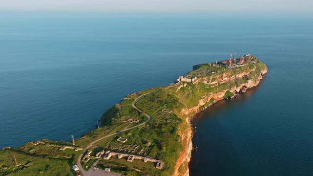 Bulgaria Cape Kaliakra captured from air showing unique peninsula steep cliffs stunning seascape turquoise waters warm season historic location perfect natural wonder European travel stock