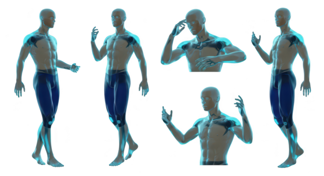 Transparent anatomy human models in various poses on white showcasing skeletal structure & muscular system for medical education or scientific illustration