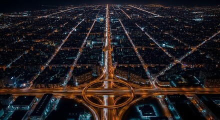 Aerial view of busy traffic interchange and illuminated cityscape at night in Jinan, Shandong Province, China