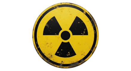 Distressed yellow and black trefoil radiation warning sign conveying hazard with texture effects