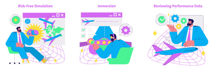 Vector Illustration of Pilot Training Simulations