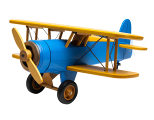 Children's plane of yellow blue color made of wood isolated on white background. Corncorn. The concept of children's toys. Retro Toys