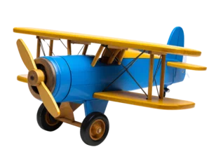 Fototapete Alte Flugzeuge Children's plane of yellow blue color made of wood isolated on white background. Corncorn. The concept of children's toys. Retro Toys  © KAMAPAN