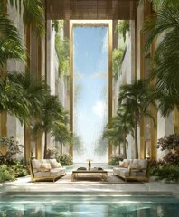 Obraz premium Luxurious indoor courtyard with a sky-high waterfall, lush greenery, and comfortable seating