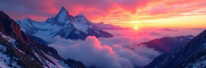 Fototapeta premium Crimson dawn paints rocky crags, snow-capped peaks pierce clouds , wild, beautiful
