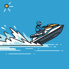 Person rides a jet ski on blue water under a shining sun illustration.