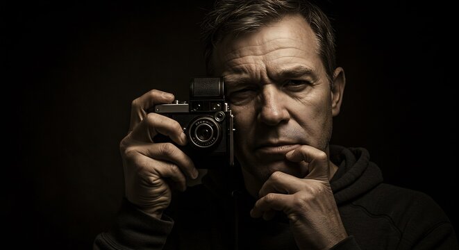 Introspective Photographer Holding Vintage Camera, Portrait in Dramatic Lighting, Creative Concept