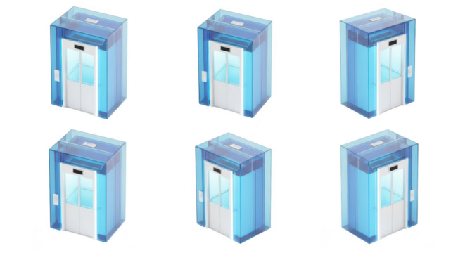 3D rendered multiple glass elevators in a row showcasing design options against a white backdrop for architectural presentations