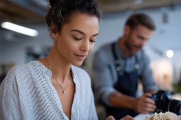 Young caucasian female enjoying meal in cafe with male chef in background