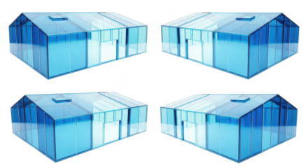 3D rendering of modern glass house facades at four angles white background architectural design concept for real estate and construction visuals