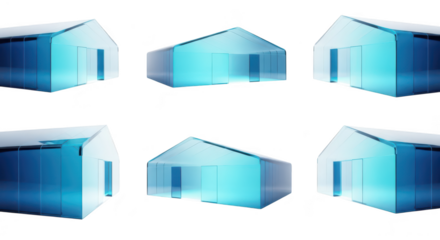 Glass house models rotating on a white surface showcasing architectural design concepts Ideal for real estate design and building projects