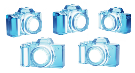 Transparent camera 3D models arranged on a white background representing conceptual photography & design possibilities