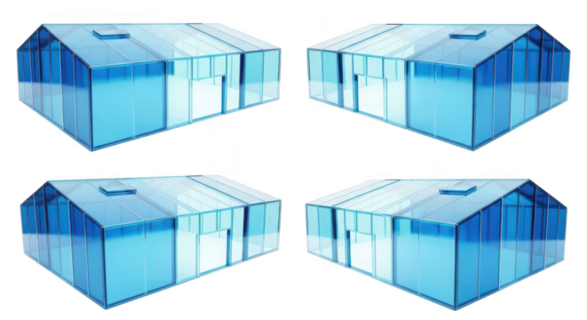 3D rendering of modern glass house facades at four angles white background architectural design concept for real estate and construction visuals - Powered by Adobe