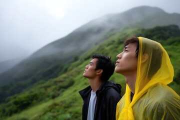 Naklejka premium Asian young adults hiking in misty mountain landscape under rainy skies
