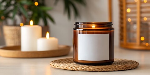 mockup Lit amber candle jar with blank label sits on woven coaster beside pillar candles on decorative wooden tray , jar, amber, wax, wick, lit, flame, label, blank, white, coaster, woven, pillar, can