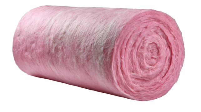 Fiberglass insulation batt, fluffy pink roll, cut section, isolated on Transparent background