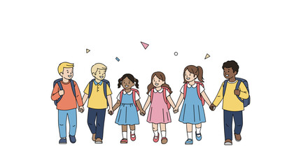 A diverse group of children holding hands walking together on their way to school