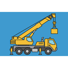 Naklejka premium Yellow crane truck lifting a box against a blue background.