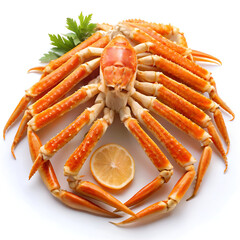 A beautifully presented cooked snow crab, arranged with a bright lemon slice and fresh parsley, offering a taste of the oceans finest bounty