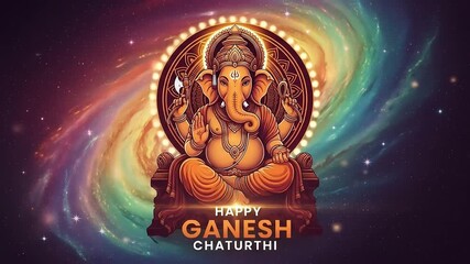 Vibrant illustration celebrating Happy Ganesh Chaturthi with Lord Ganesha sitting in a lotus pose against a colorful cosmic galaxy background.