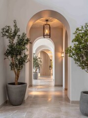 A hallway with arched doorways, potted plants, and a light fixture