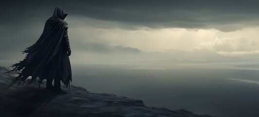 A haunted gothic cleric perched on a wind-swept hill art, generative ai