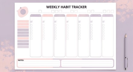 template Weekly habit tracker with check marks indicating progress, surrounded by a pastel pink and purple background and a gray pen on the side, ready for planning , tracker, planner, planning, check
