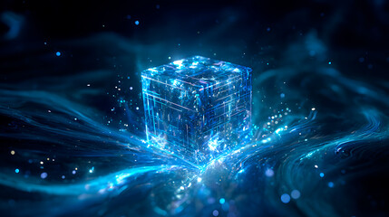 Glowing blue digital cube floats in cosmic cyberspace, surrounded by luminous waves and sparkling particles, symbolizing futuristic data technology.