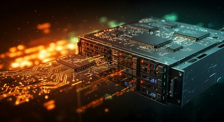 Abstract Server Rack with Glowing Circuitry for Data Processing
