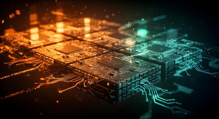 Two Interconnected Circuit Board Modules with Orange and Blue-Green Glow