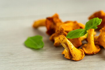 bowl with wild chanterelle mushrooms on a wooden table