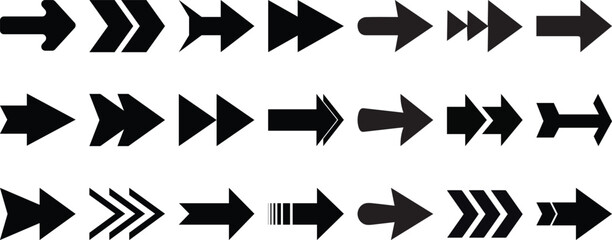 Black arrows flat icons. Set for web design. Direction pointers vector icons. Big collection. Vector set of black arrow signs. 