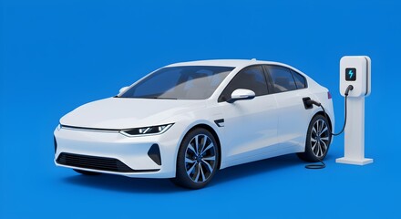 Naklejka premium White Electric Sedan Charging on Clean Blue Studio Background