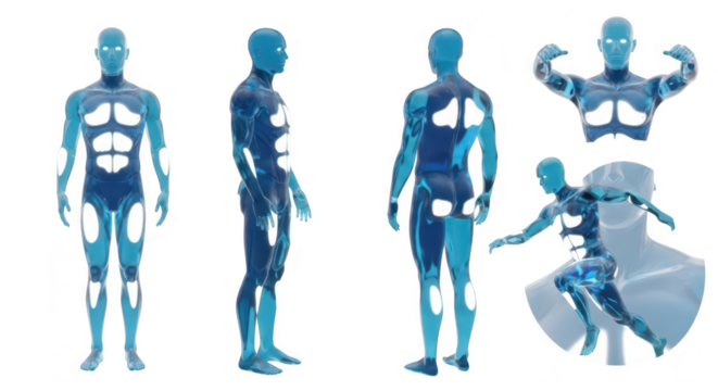 Rendered futuristic human body with glowing biomechanical features showcasing different views and motions on a plain background suitable for sci-fi concepts